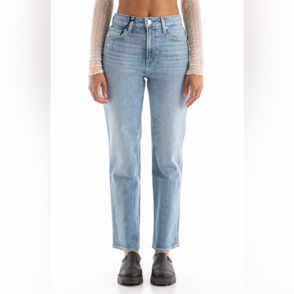 PAIGE Straight Leg Jeans in Light Wash with embellishing around pockets - Picture 1 of 4